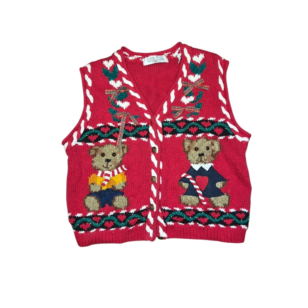 VTG Karen Scott Christmas Sweater Vest Teddy Bears Bows Cany Cane LARGE PETITE